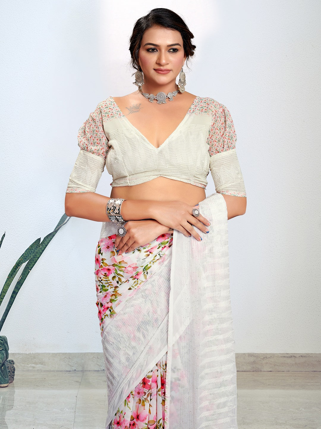 White Digital Printed Embroidered Border Pastel Saree