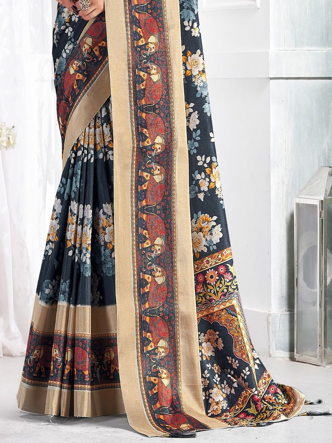 Navy Floral Printed Giza Silk Bantac Digital Border Saree (Pre-Order)