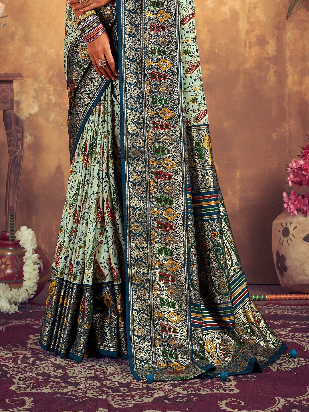 Blue Paisley Printed Zari Border Dola Silk Saree