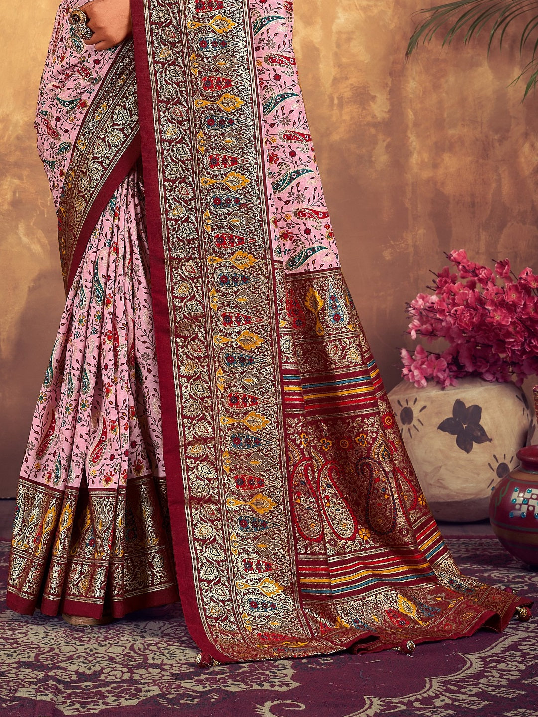 Maroon Paisley Printed Zari Border Dola Silk Saree