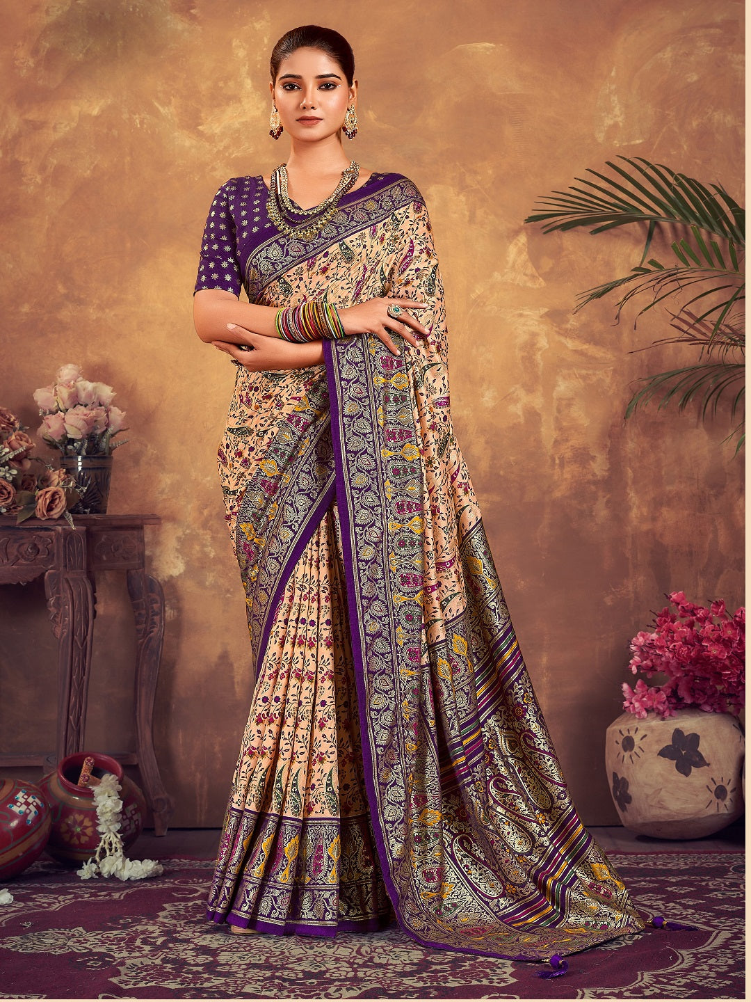 Purple Paisley Printed Zari Border Dola Silk Saree