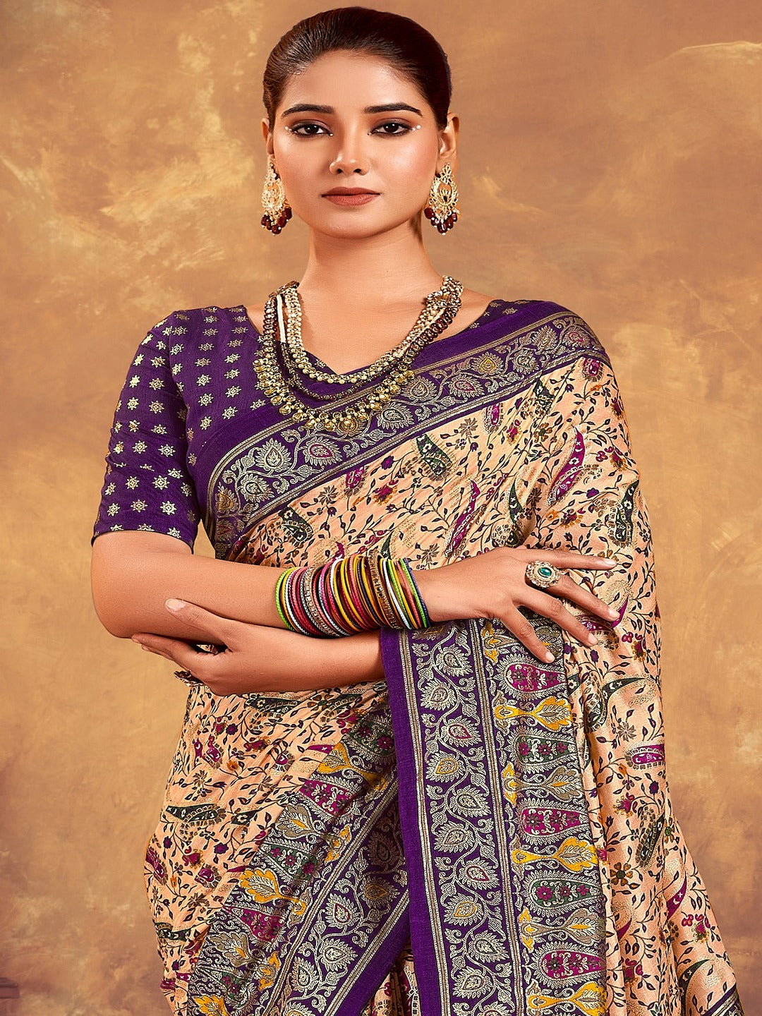 Purple Paisley Printed Zari Border Dola Silk Saree