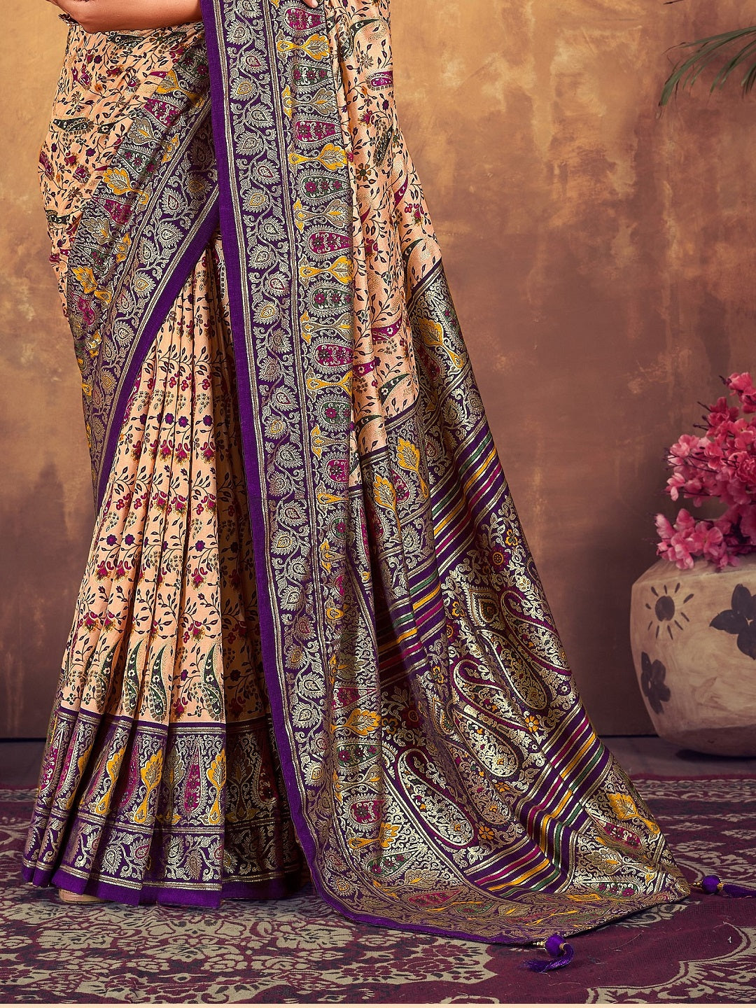 Purple Paisley Printed Zari Border Dola Silk Saree