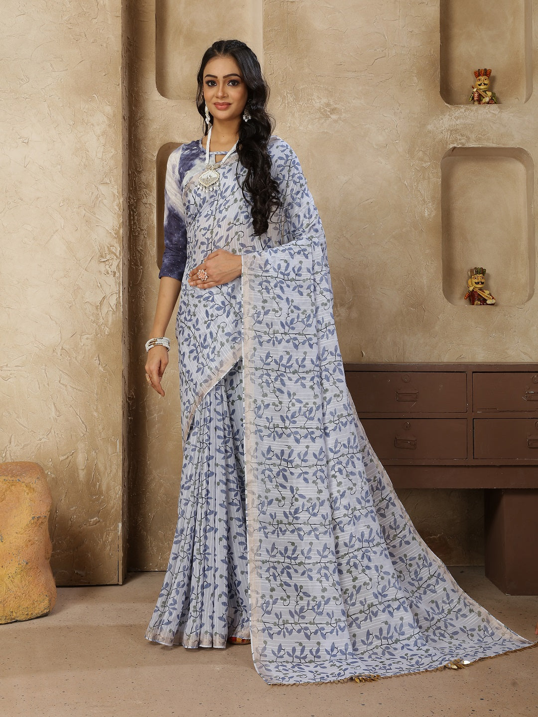 Pastel Navy Printed Zari Border Linen Saree With Fancy Blouse