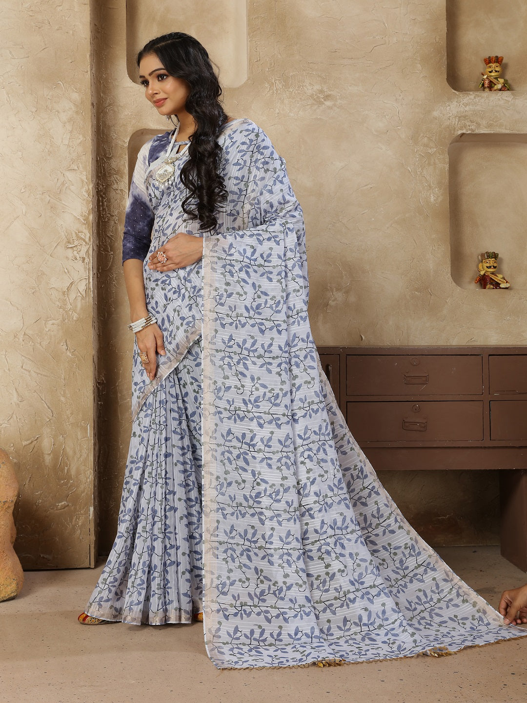 Pastel Navy Printed Zari Border Linen Saree With Fancy Blouse