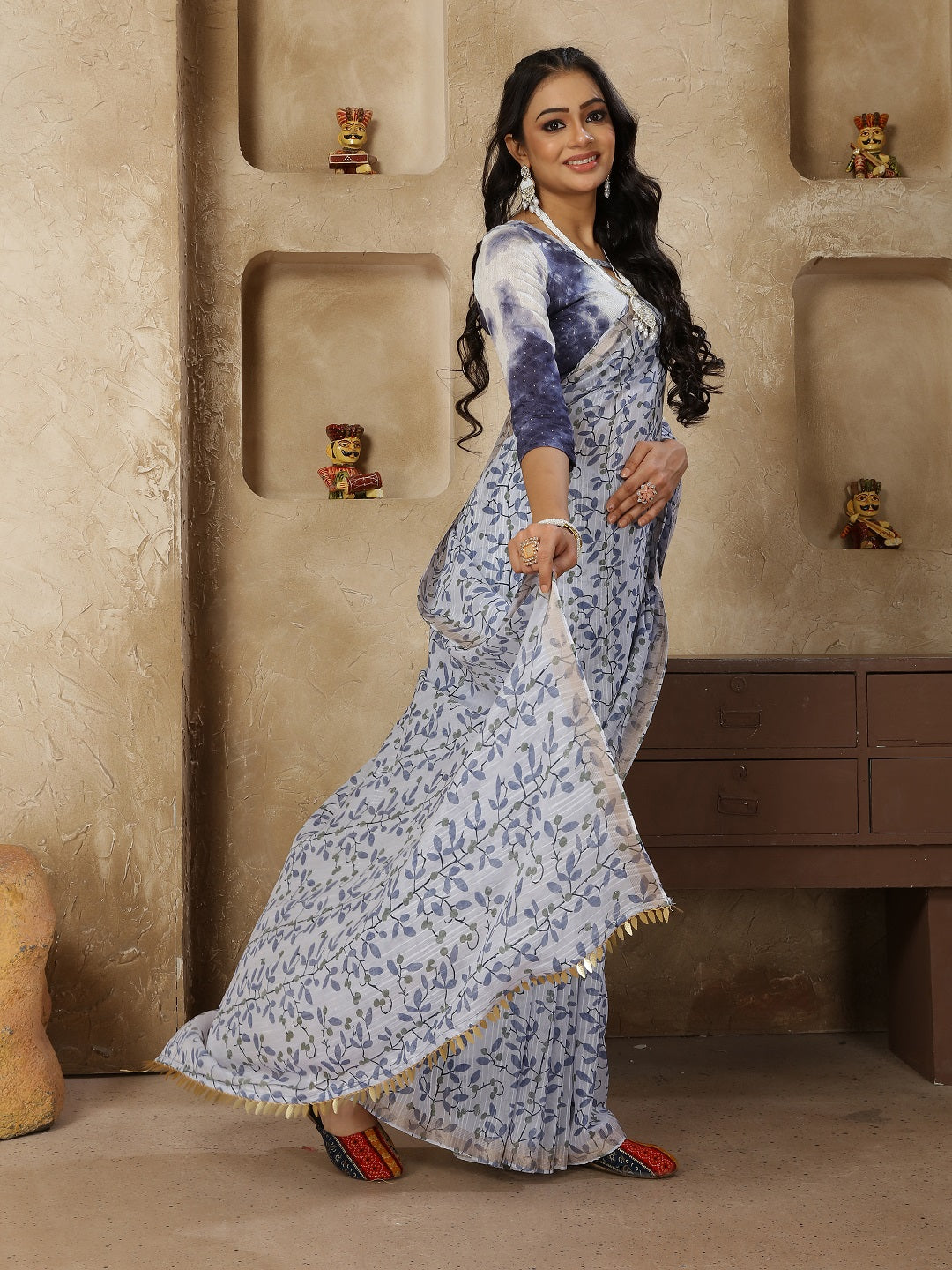 Pastel Navy Printed Zari Border Linen Saree With Fancy Blouse