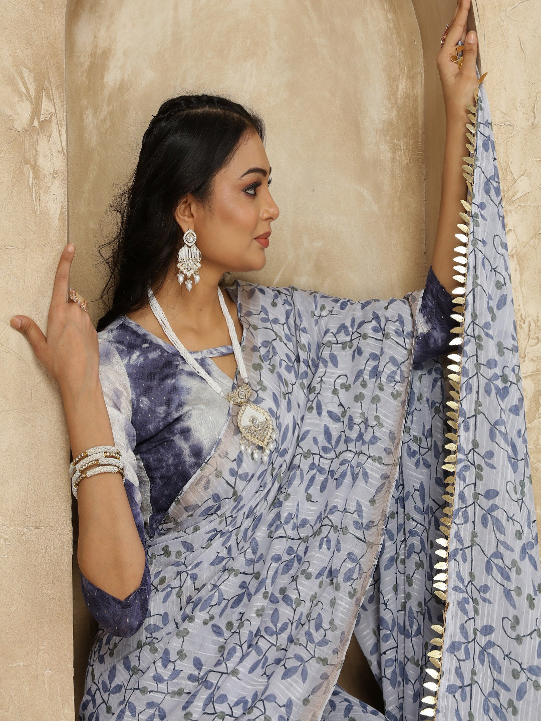 Pastel Navy Printed Zari Border Linen Saree With Fancy Blouse