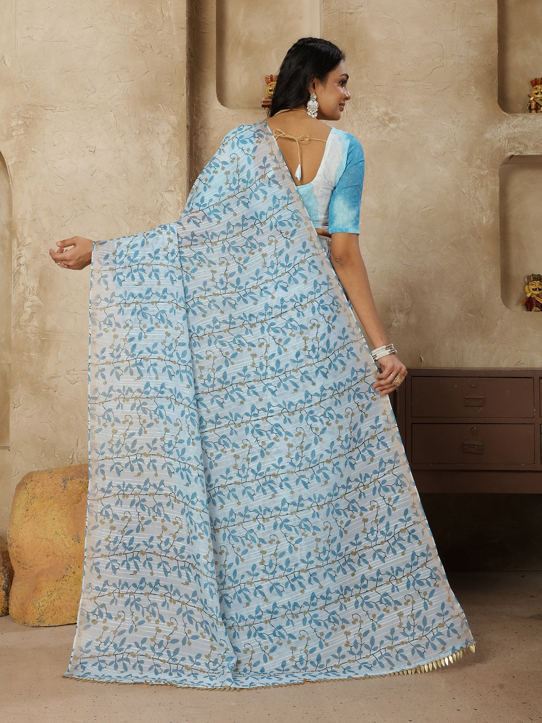 Pastel Turq Printed Zari Border Linen Saree With Fancy Blouse (Pre-Order)