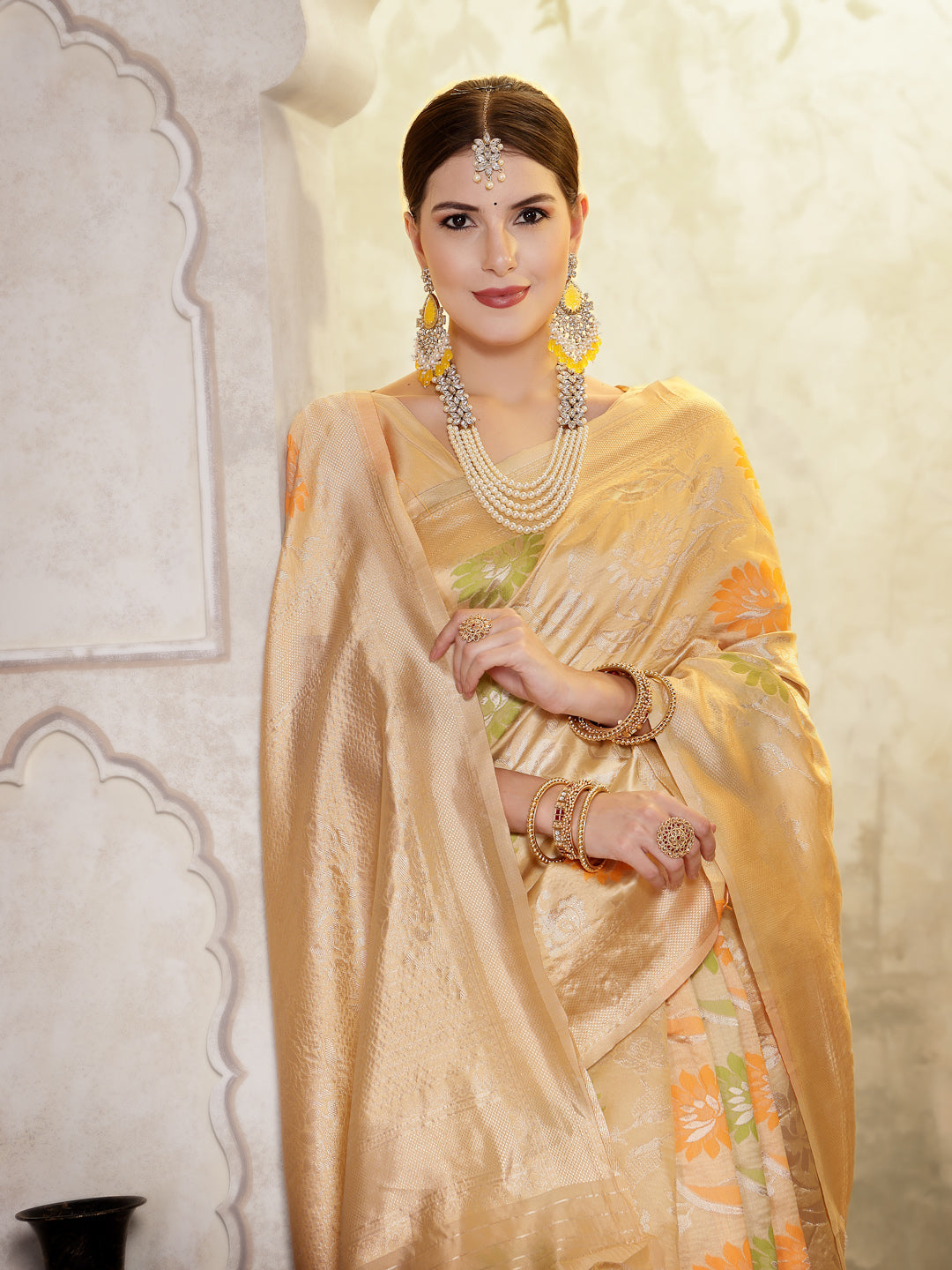 Beige Paisley Woven Zari Border Silk Saree