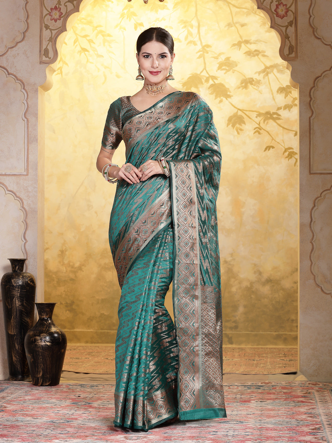Sea Green Geometric Print Woven Zari Border Organza Saree