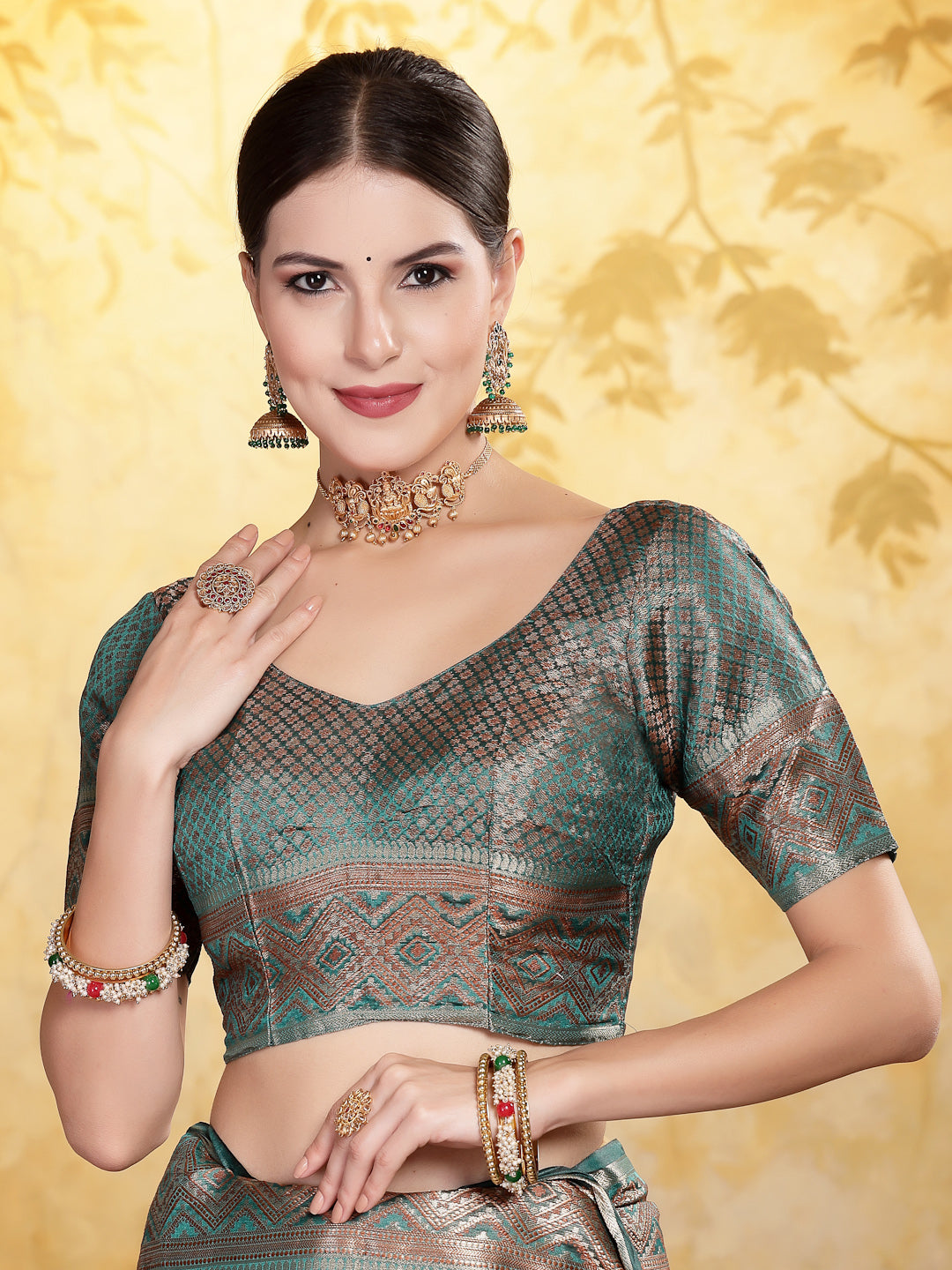 Sea Green Geometric Print Woven Zari Border Organza Saree
