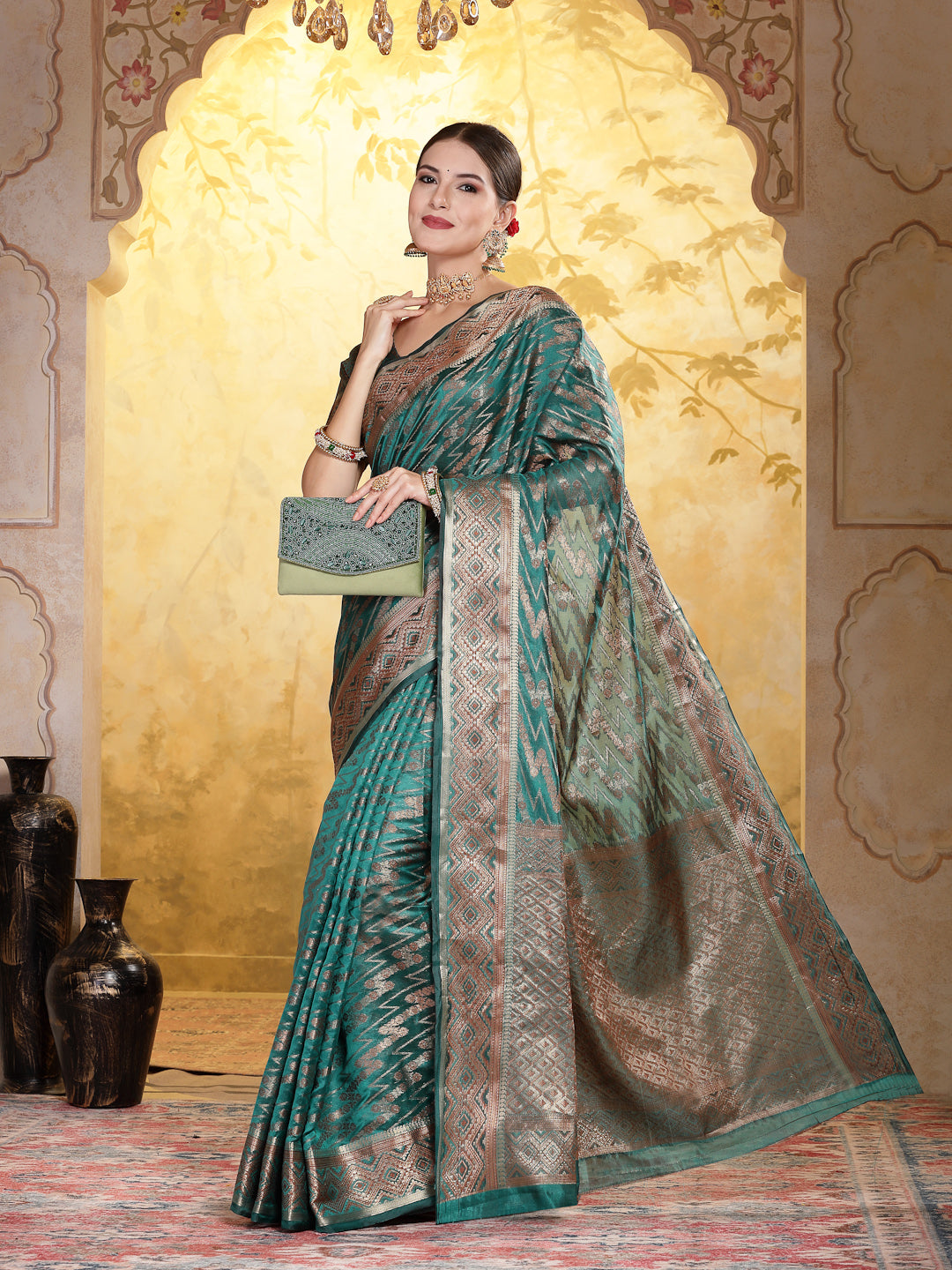Sea Green Geometric Print Woven Zari Border Organza Saree