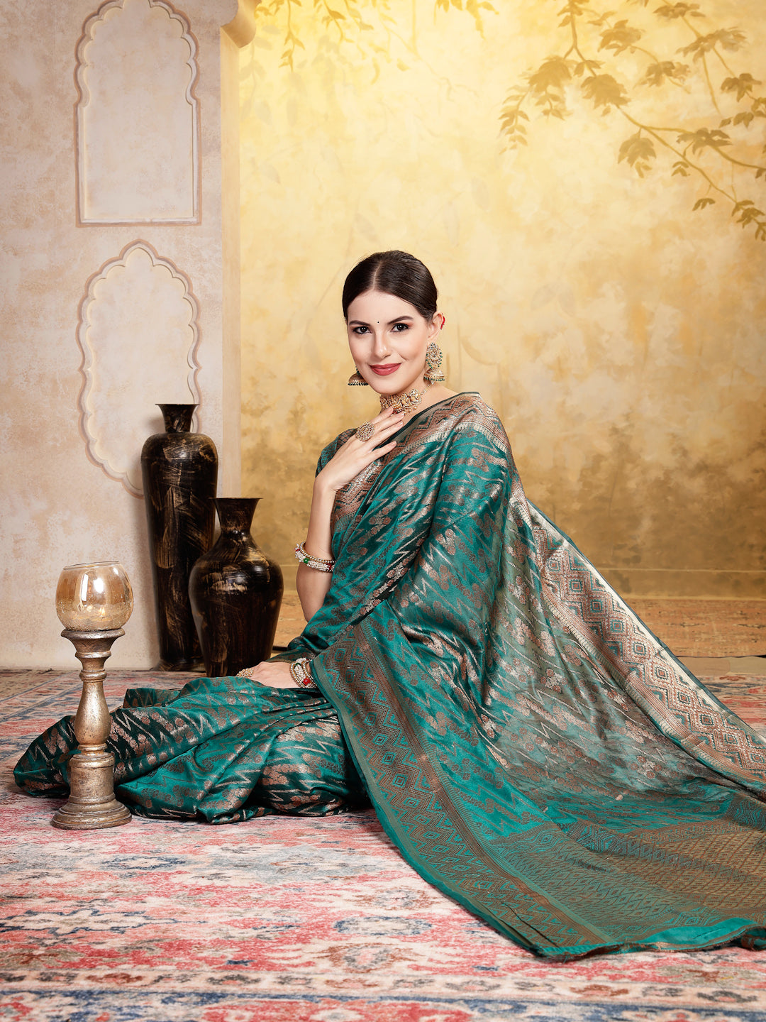 Sea Green Geometric Print Woven Zari Border Organza Saree