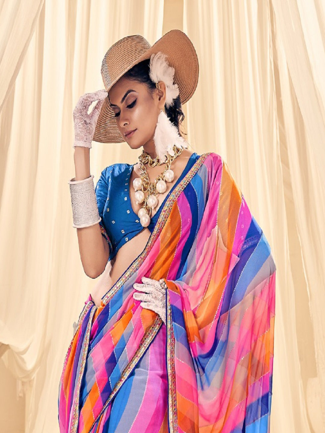 Blue Leheriya Printed Embroidered Border Georgette Saree (Pre-Order)