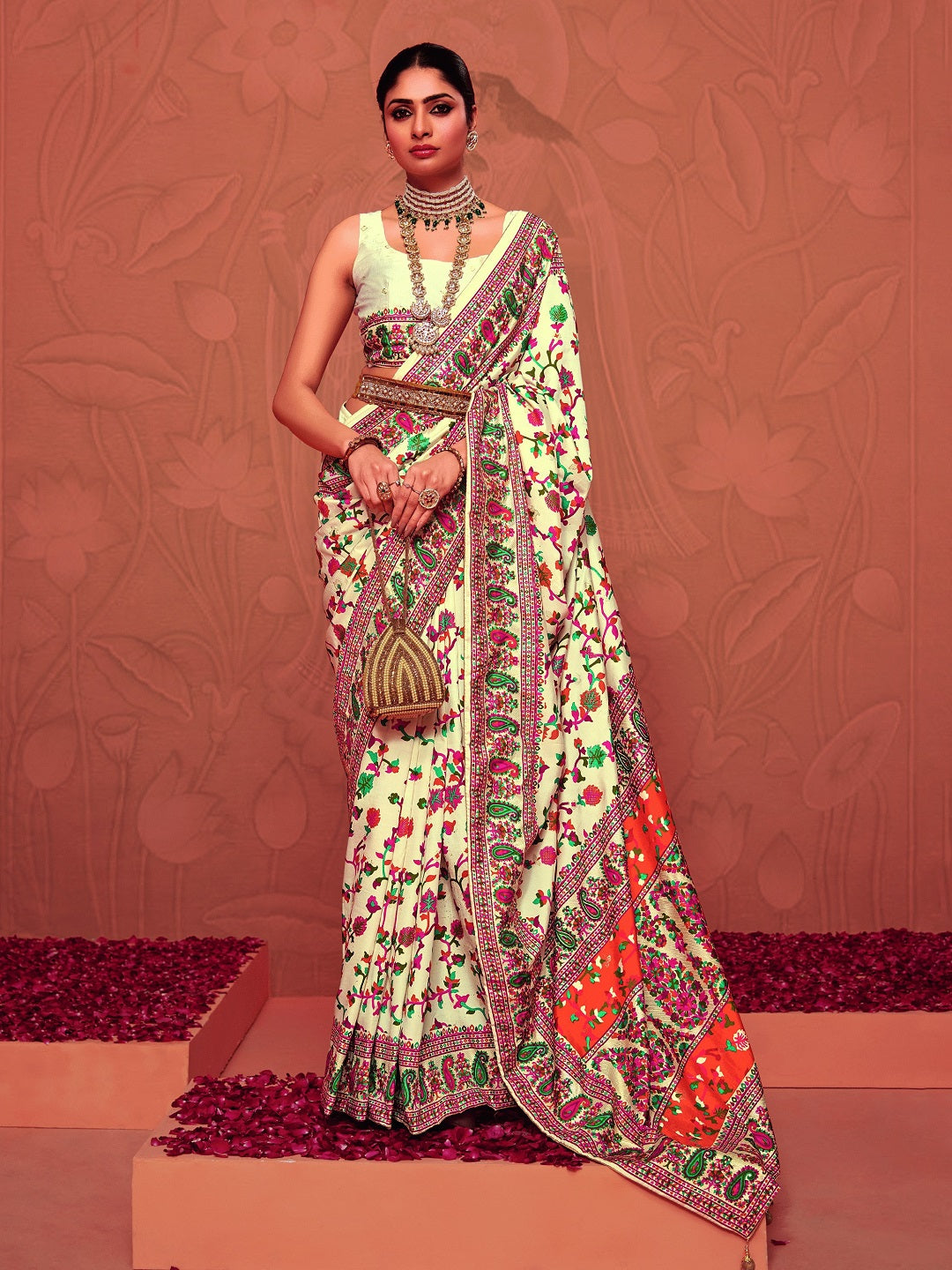 Cream Kalamkari Printed Zari Border Silk Saree