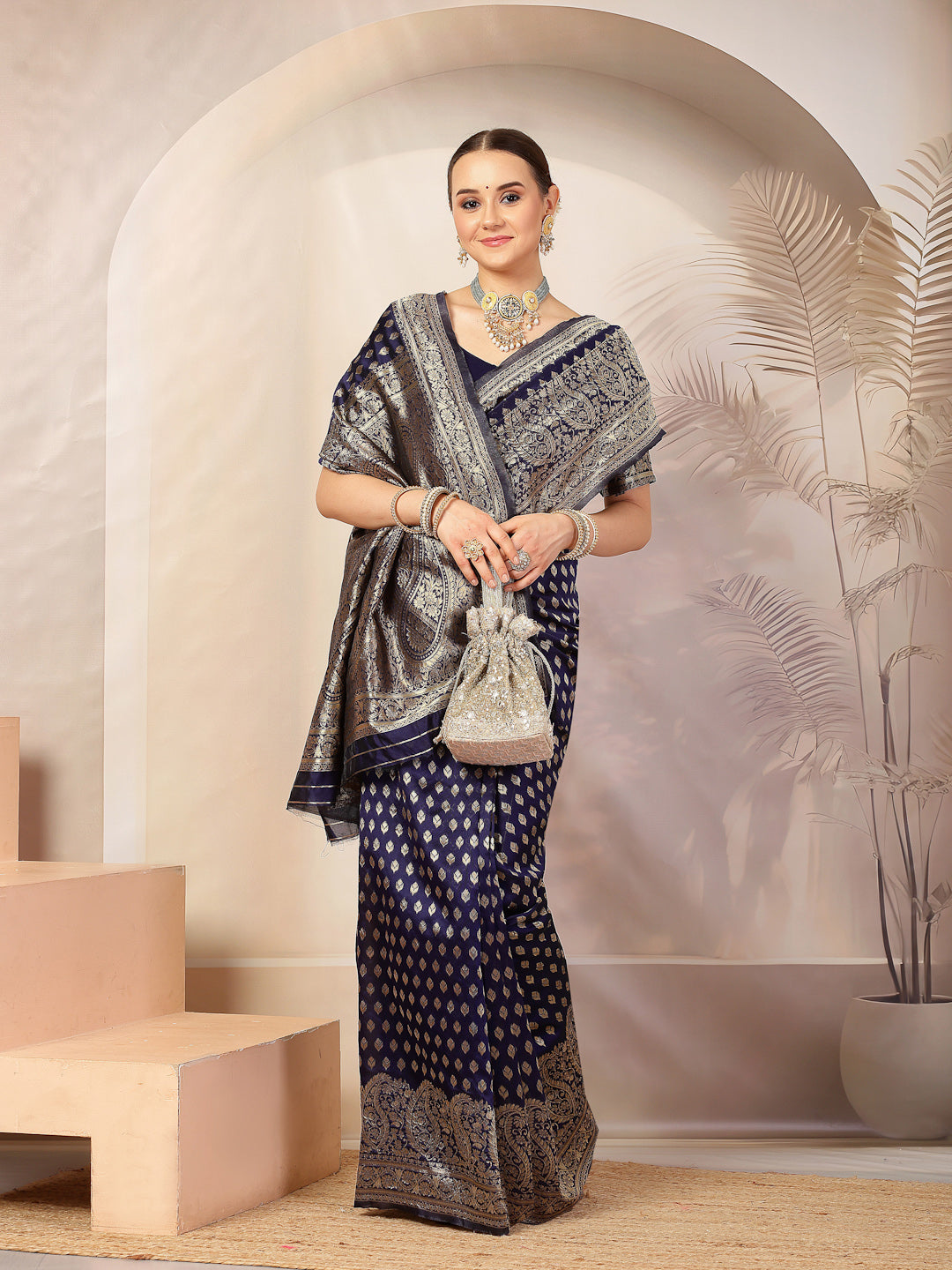 Blue Ethnic Motifs Banarsi Woven Zari Silk Saree (Pre-Order)
