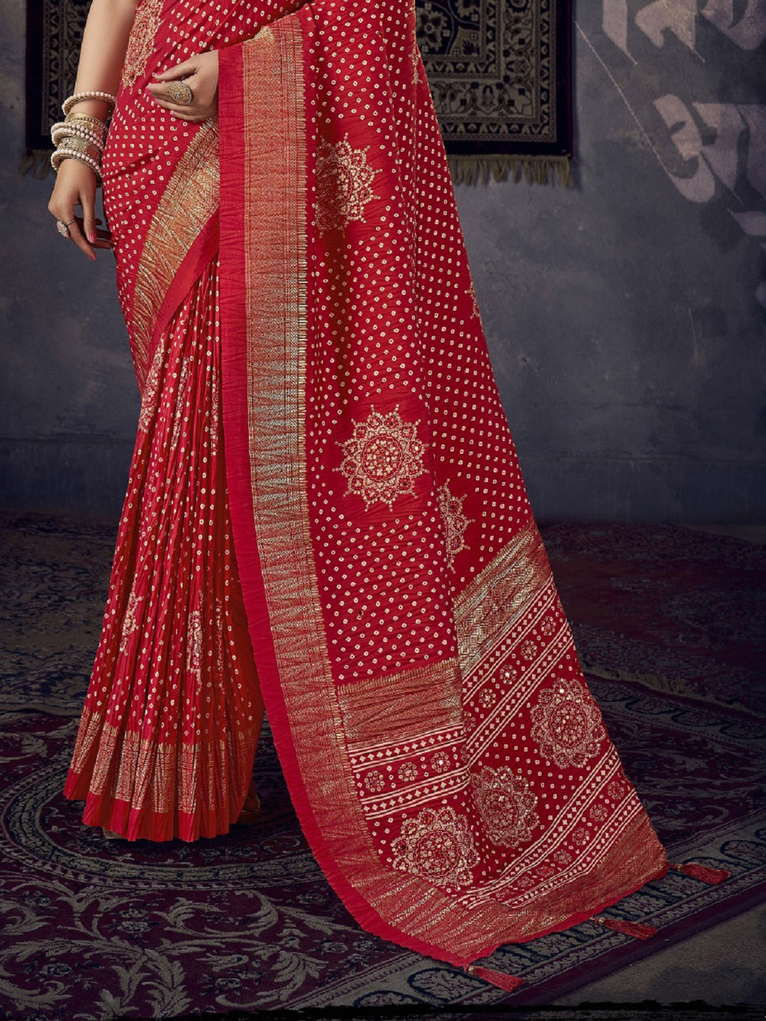 Red Bhandej Aari Work Crushed Silk Saree