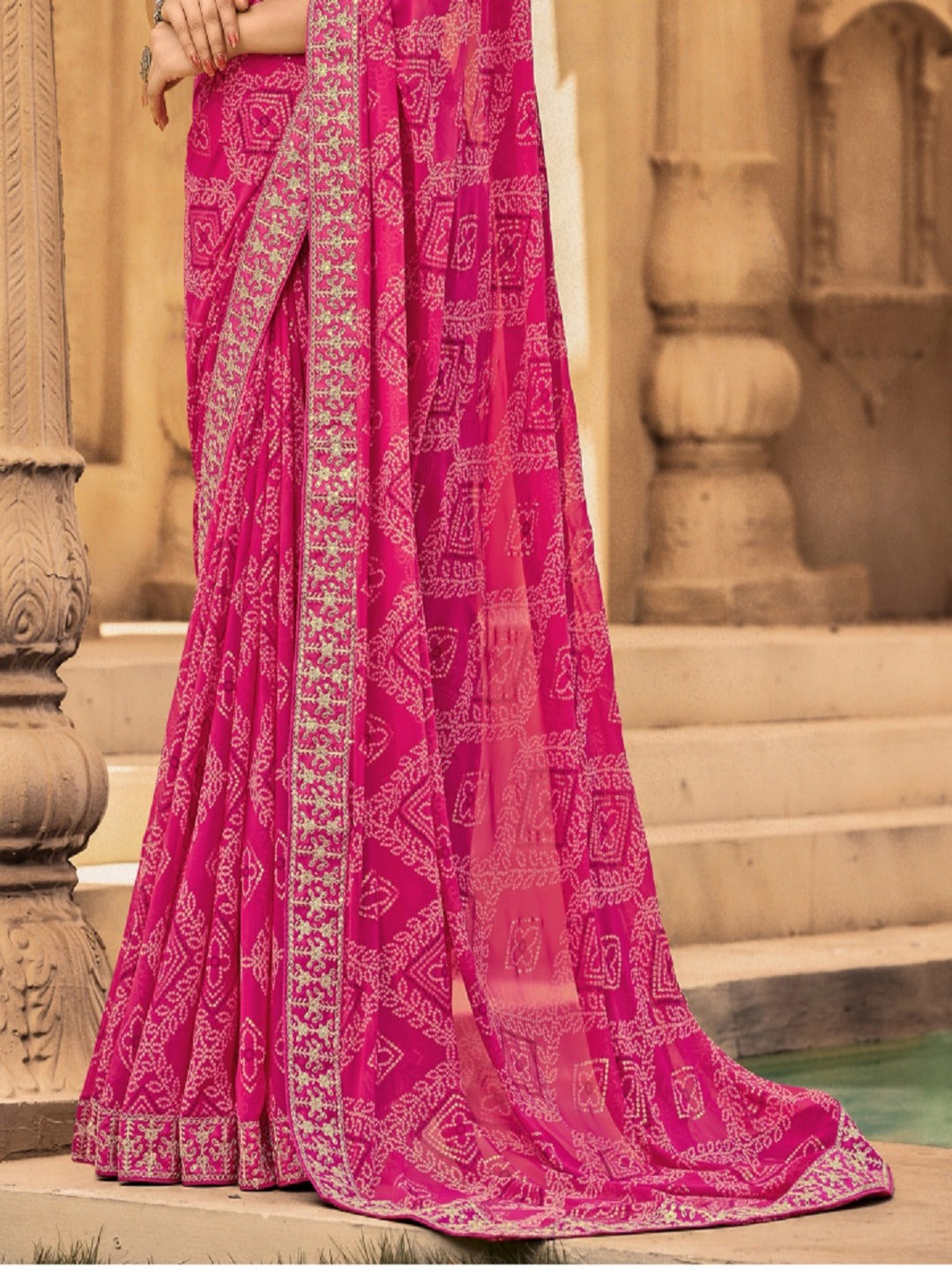 Magenta Bhandej Printed Georgette Saree (Pre-Order)