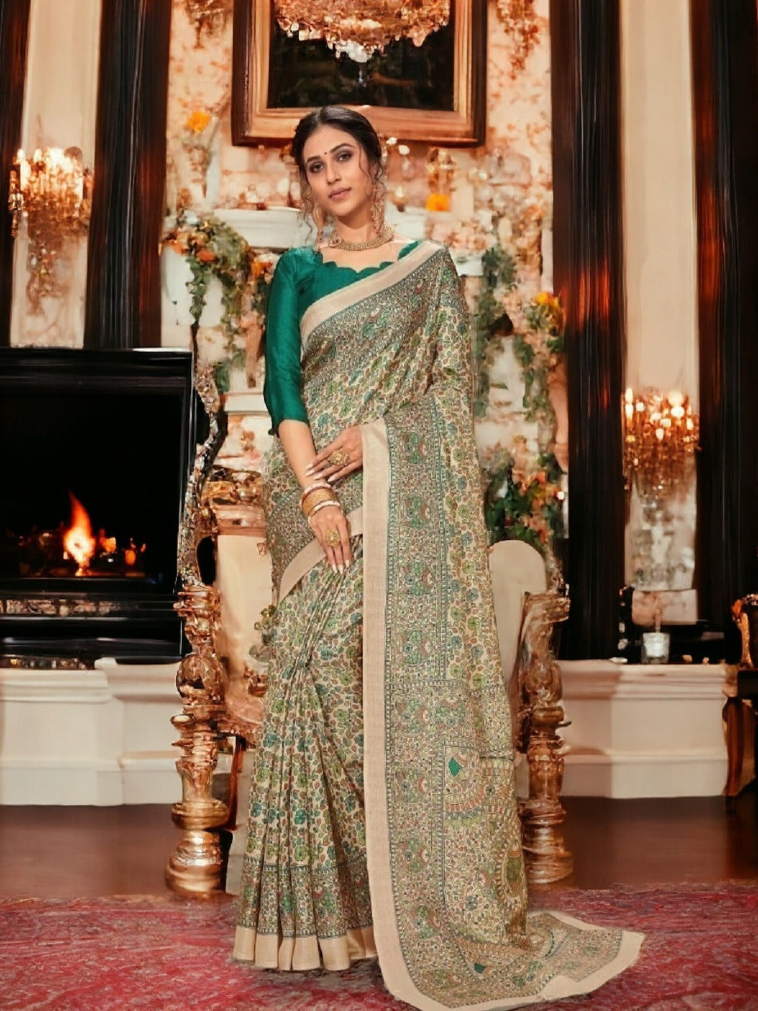 Beige Traditional Floral Silk Saree