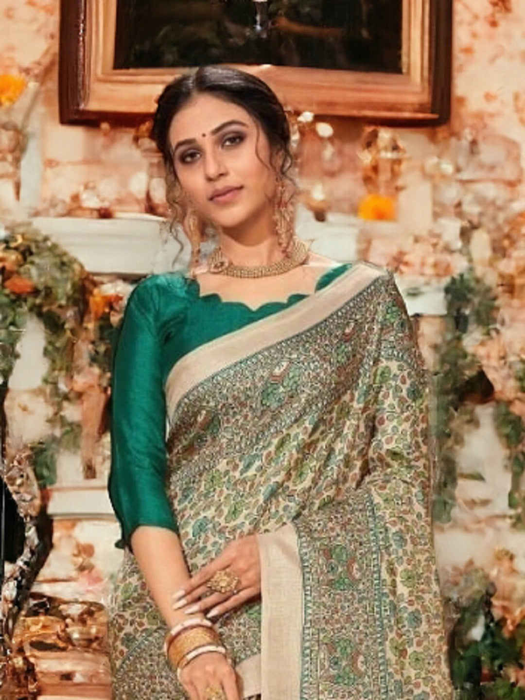 Beige Traditional Floral Silk Saree