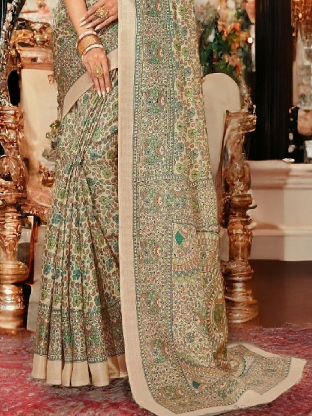 Beige Traditional Floral Silk Saree