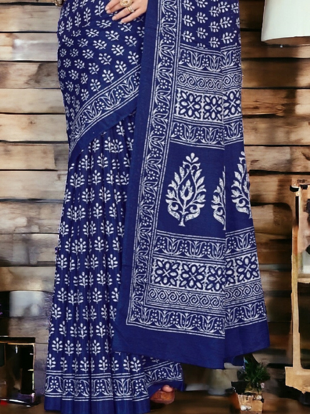 Beige Traditional Dabu Print Kumari Silk Saree (Pre-Order)