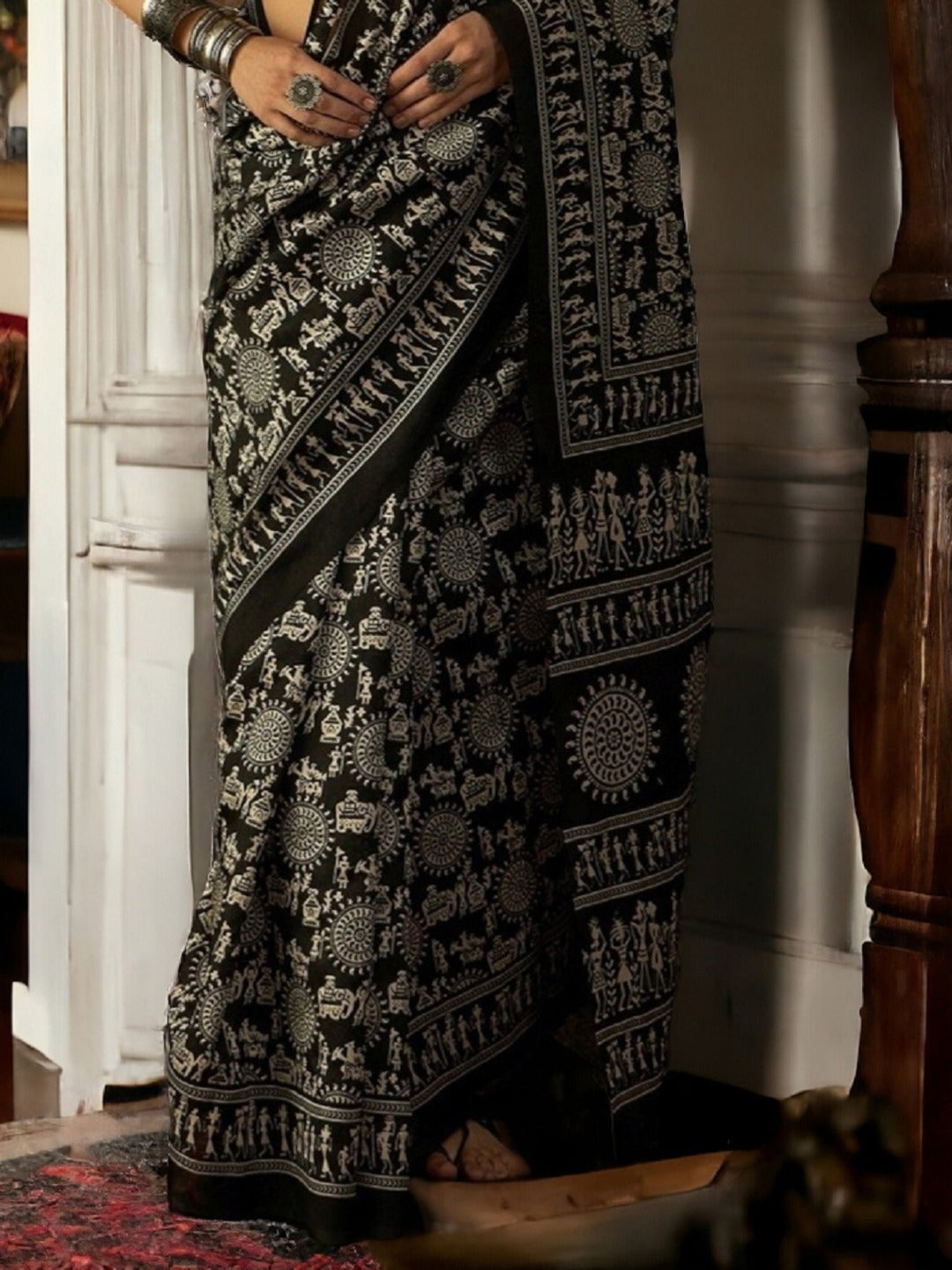 Black Traditional Folklore Printed Bhagalpuri Silk Saree