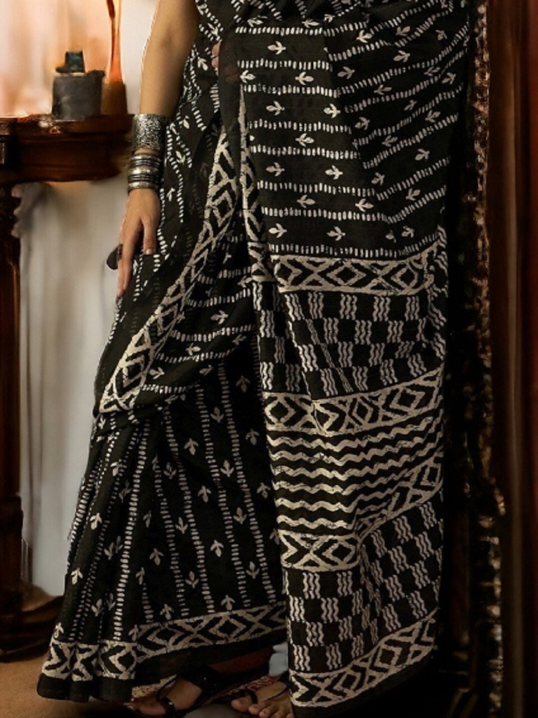 Black Traditional Dabu Print Bhagalpuri Silk Saree (Pre-Order)