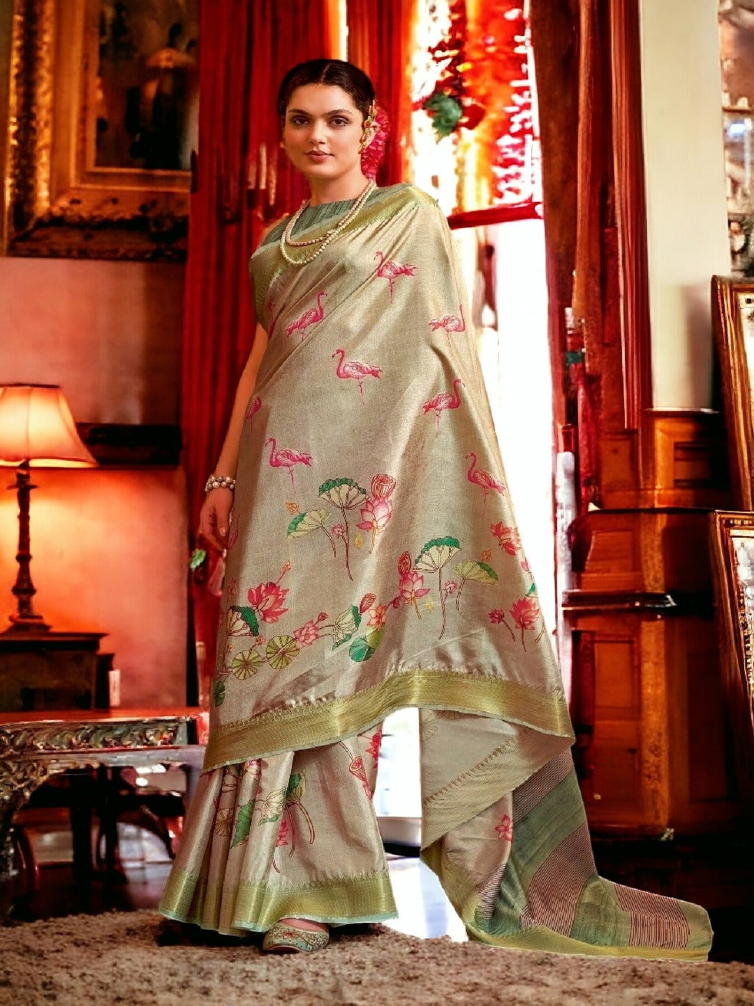 Beige Traditional Floral Printed Manipuri Silk Saree