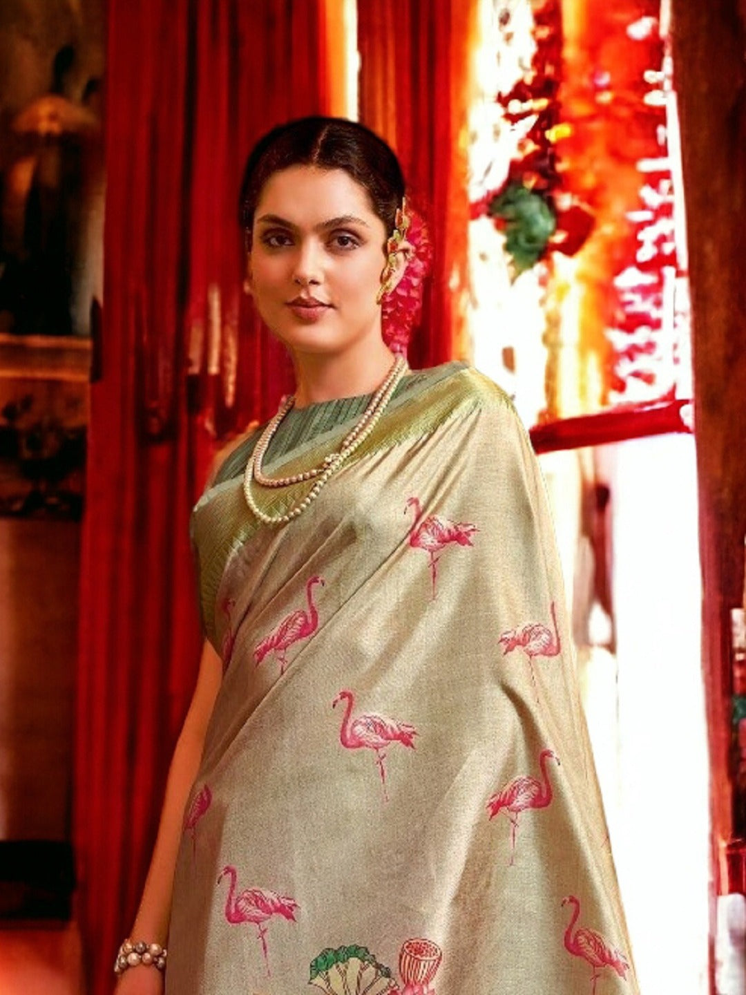 Beige Traditional Floral Printed Manipuri Silk Saree