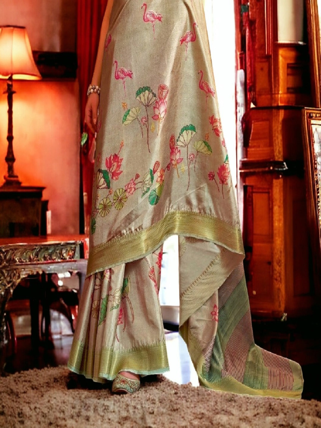 Beige Traditional Floral Printed Manipuri Silk Saree