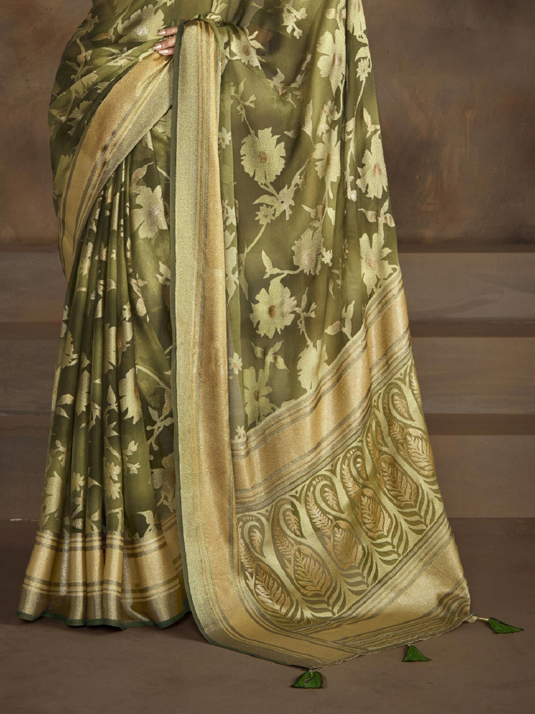 Mehndi Green Floral Print Moss Brasso Saree