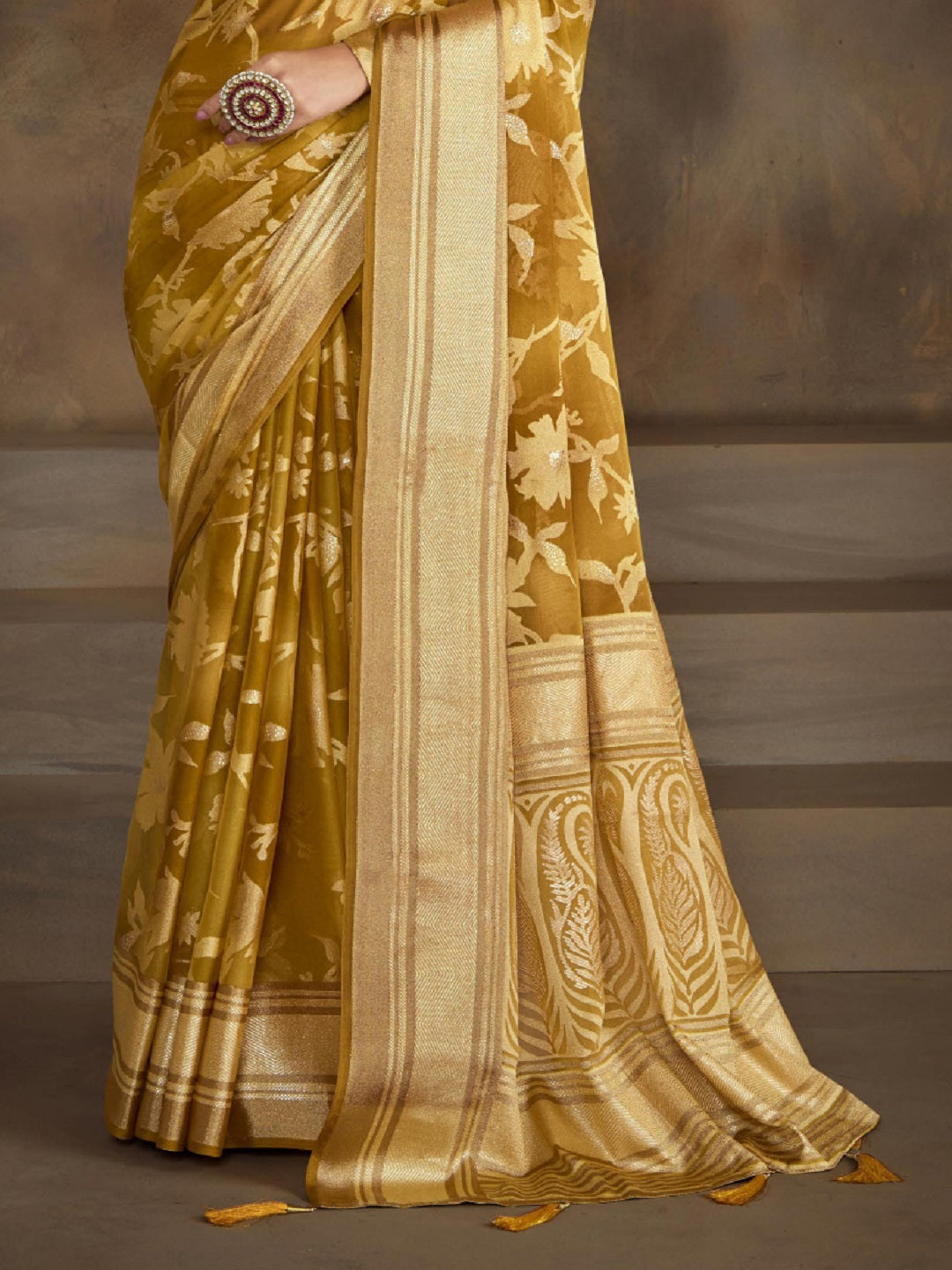Mustard Floral Print Moss Brasso Saree (Pre-Order)