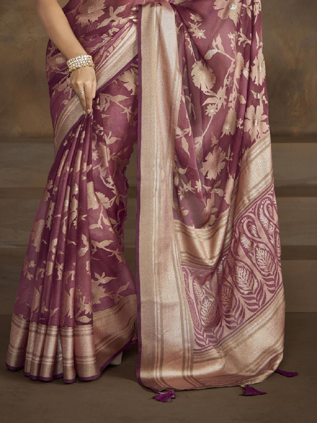 Mauve Floral Print Moss Brasso Saree (Pre-Order)
