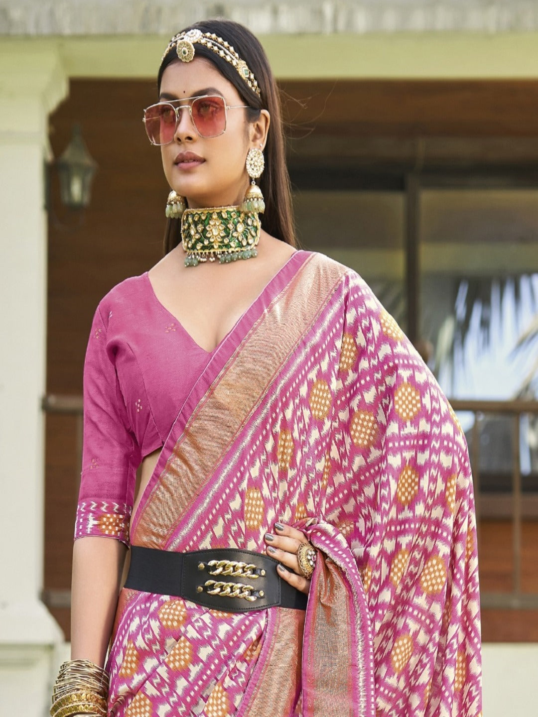 Mauve Ikat Motifs Printed Foil Border Silk Saree (Pre-Order)