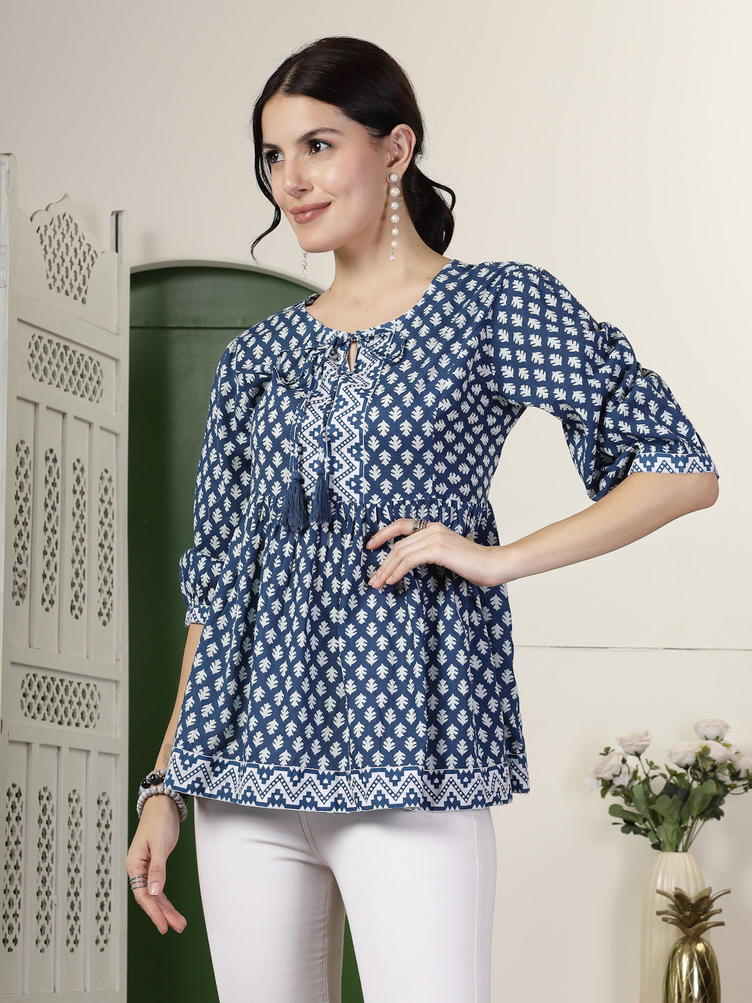 Geometric Printed Rayon Peplum Top (Pre-Order)