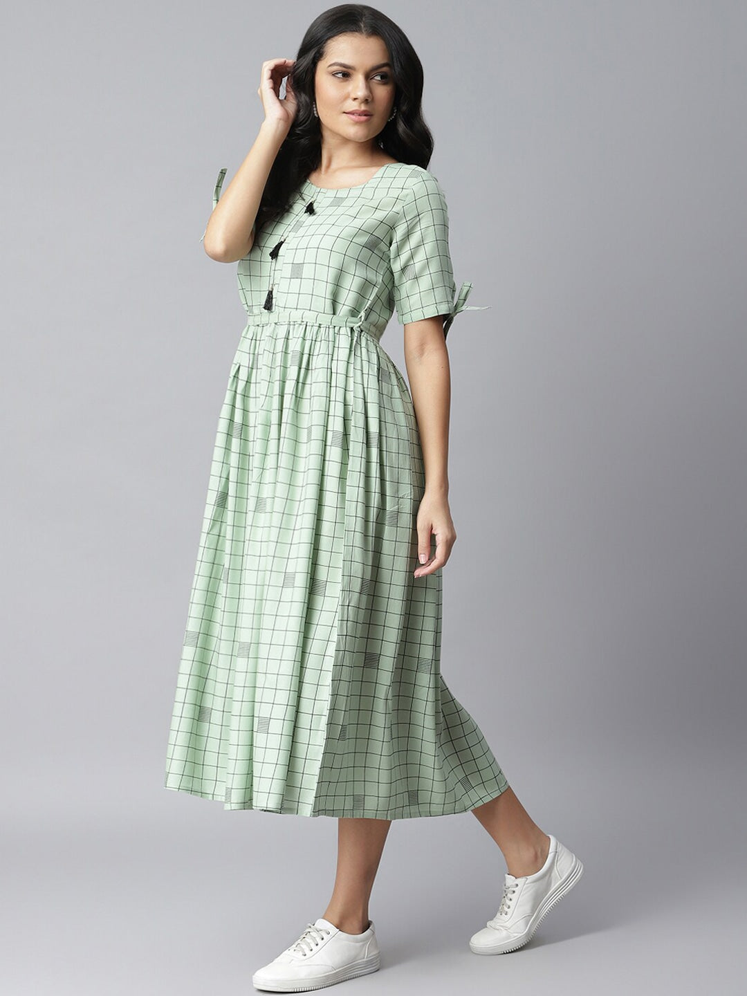 Checkered Rayon Flared Dress Kurta (Pastel Green) (Pre-Order)