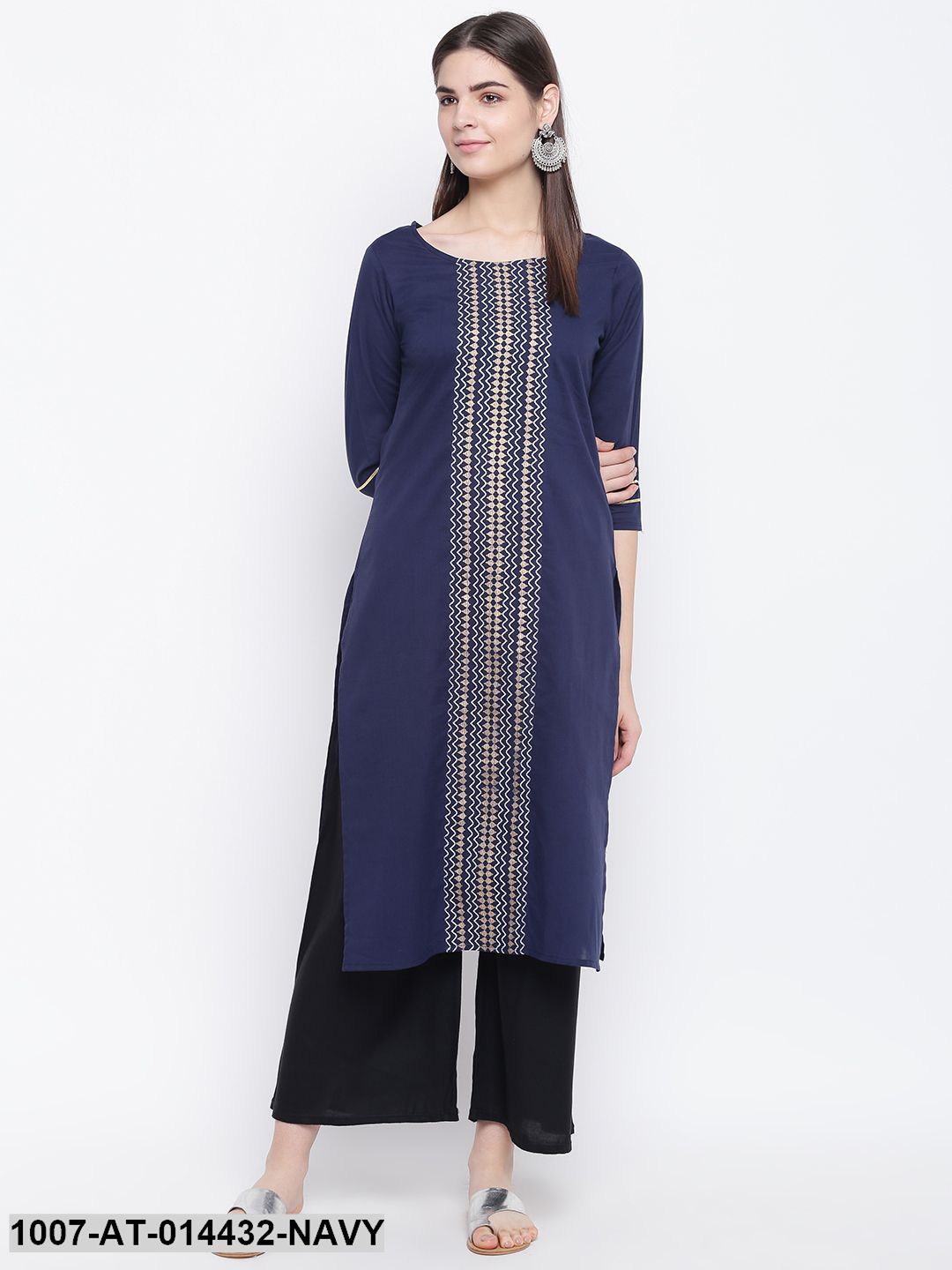 Gold Print Cotton Straight Kurta (Navy Blue) (Pre-Order)