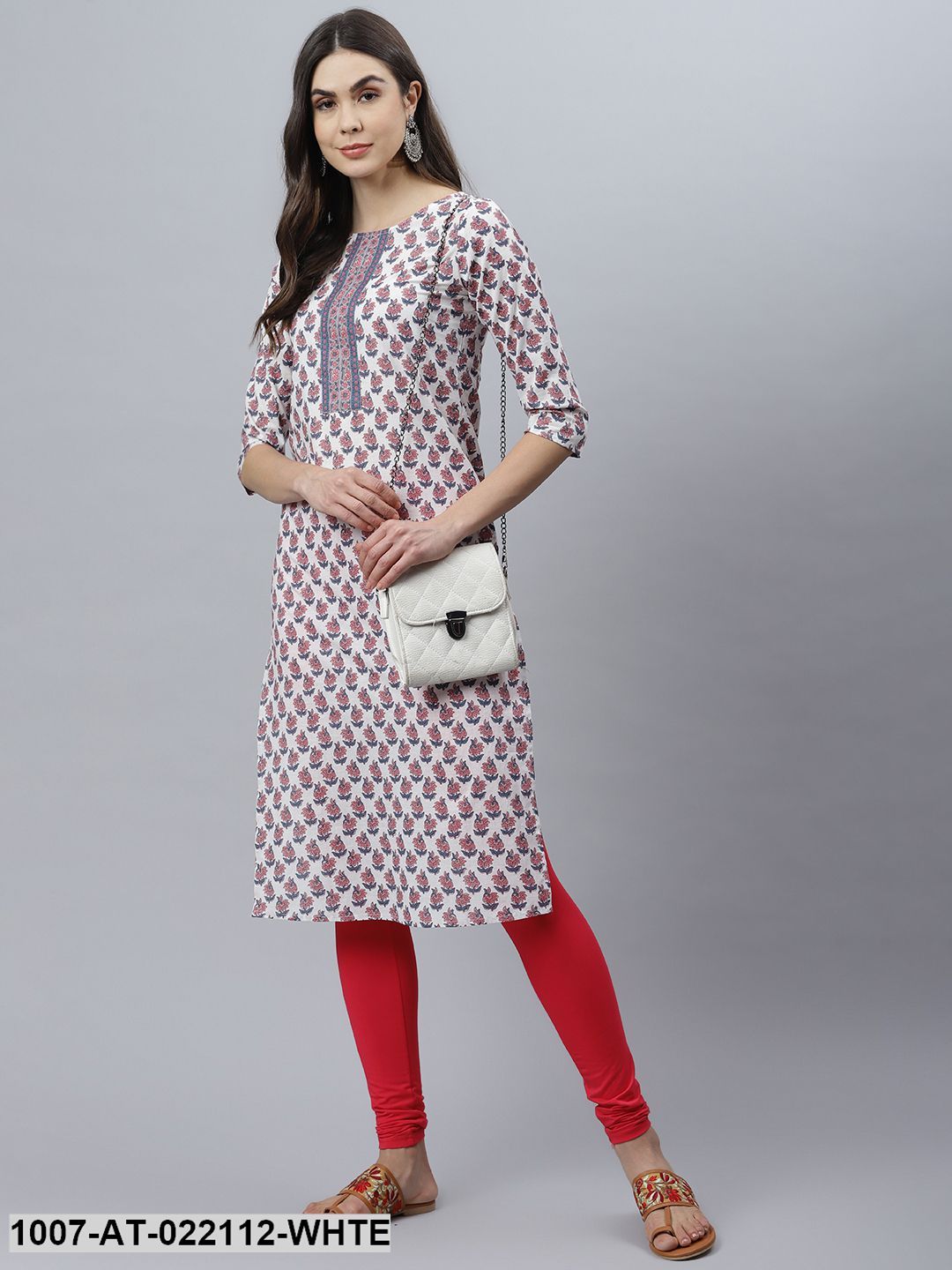 Women's Floral Print Cotton Straight Kurta (White) (Pre-Order)