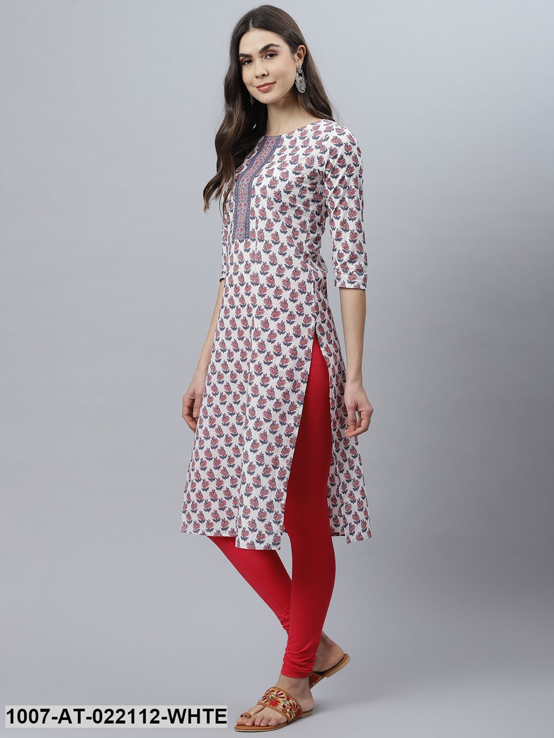 Women's Floral Print Cotton Straight Kurta (White) (Pre-Order)
