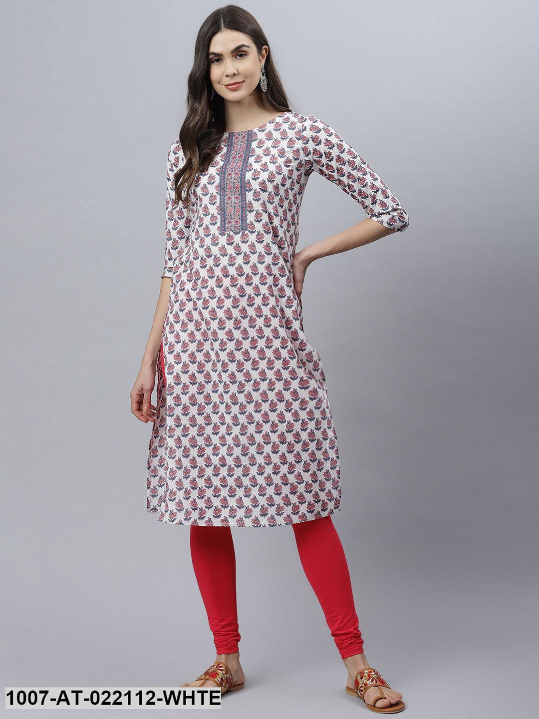 Women's Floral Print Cotton Straight Kurta (White) (Pre-Order)