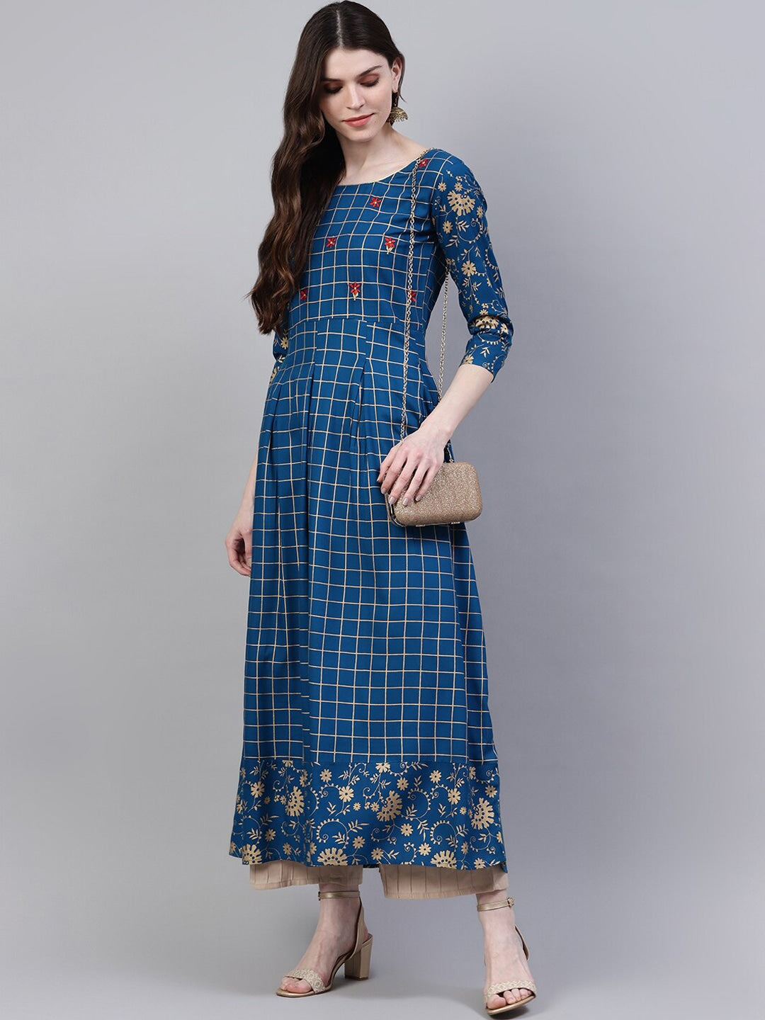 Women's Checkered Rayon Flared Kurta (Teal Blue) (Pre-Order)