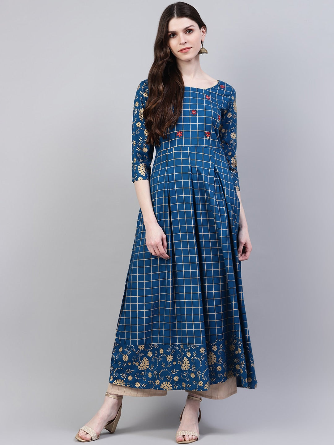 Women's Checkered Rayon Flared Kurta (Teal Blue) (Pre-Order)