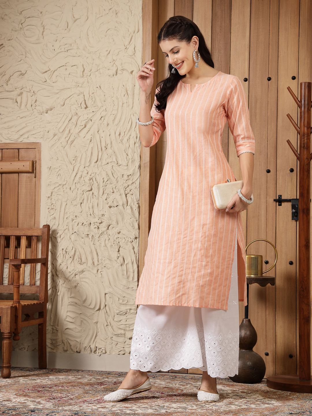 Woven Design Cotton Blend Straight Kurta