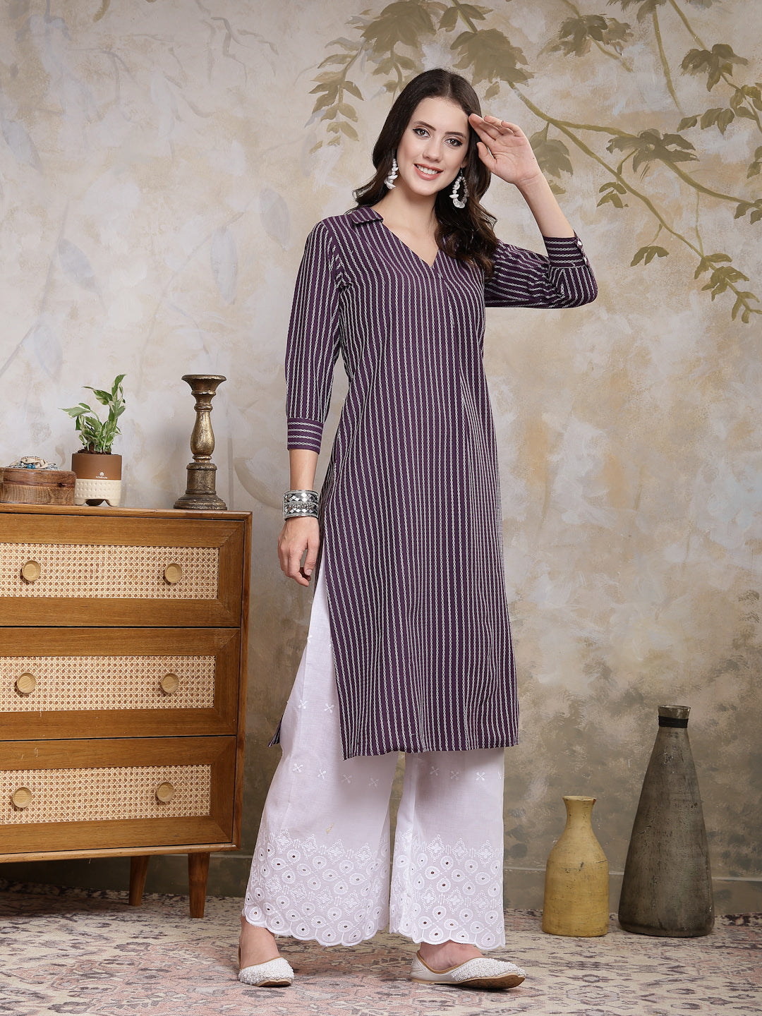 Self Designed Cotton Blend Straight Kurta