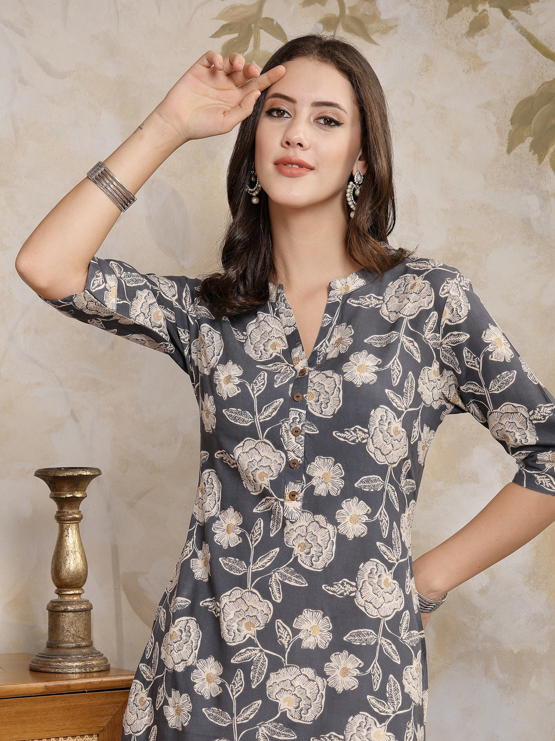 Grey Floral Printed Rayon Straight Kurta