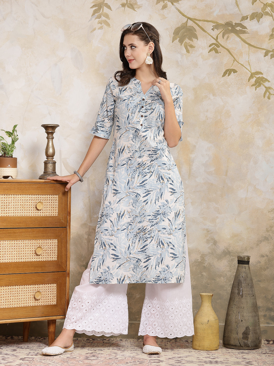 Blue Botanical Printed Cotton Straight Kurta (Pre-Order)