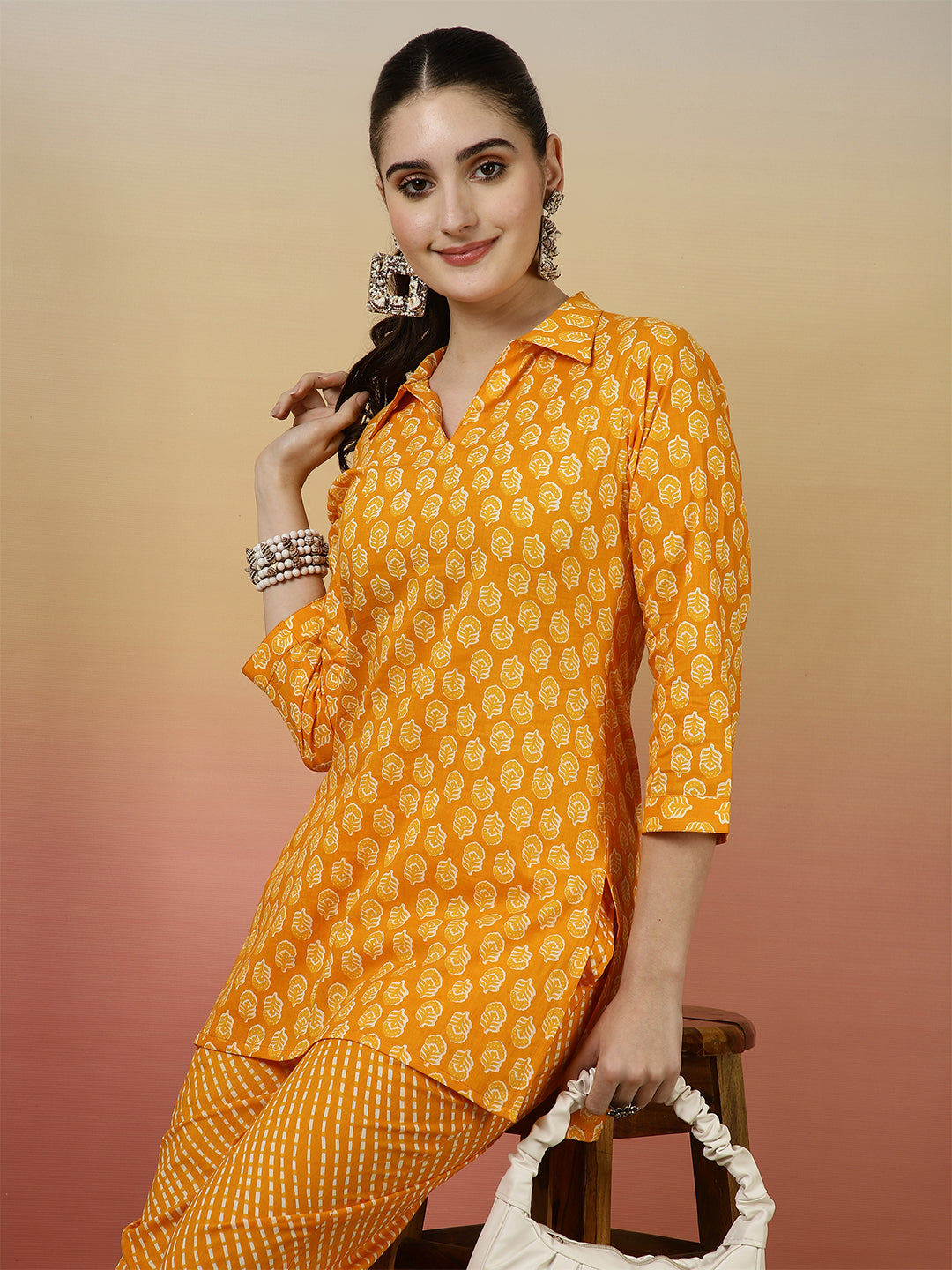 Women Cotton Printed Collar Neck Co-Ord Sets With Trousers