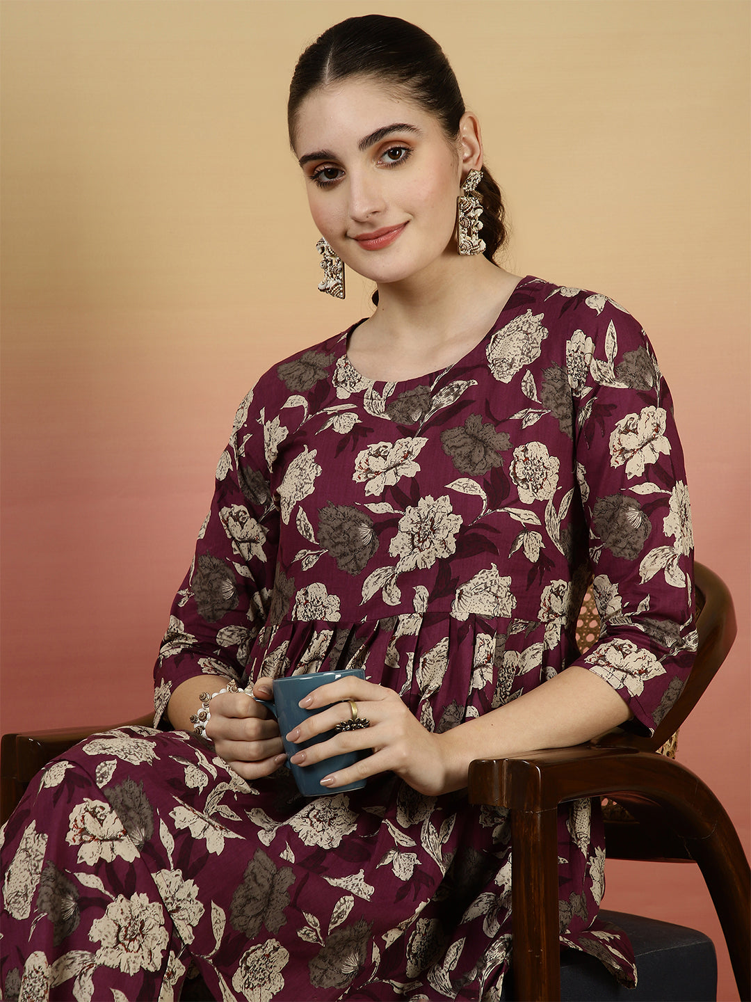 Women Cotton Printed Round Neck Co-Ord Sets With Trousers