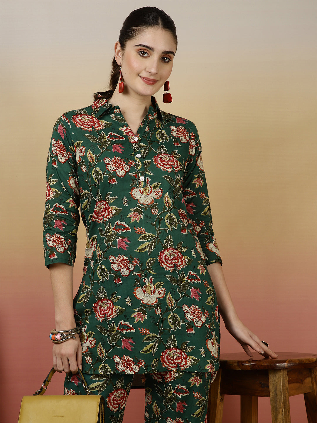 Women Cotton Printed Collar Neck Co-Ord Sets With Trousers